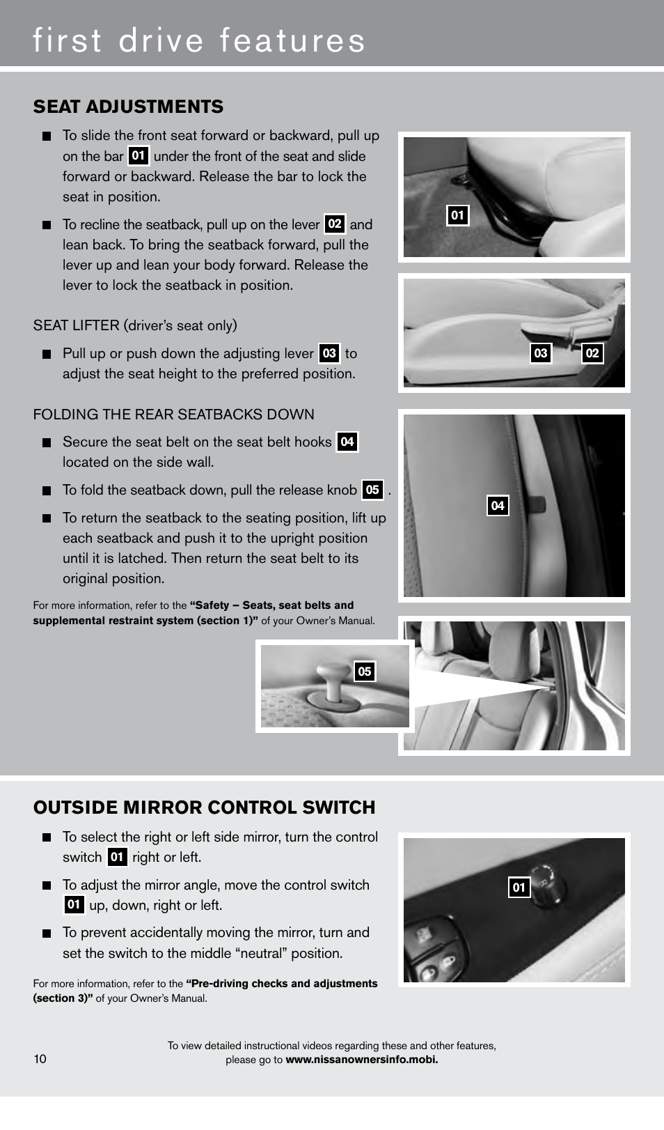 First drive features, Seat adjustments, Outside mirror control switch | NISSAN 2013 LEAF - Quick Reference Guide User Manual | Page 12 / 28