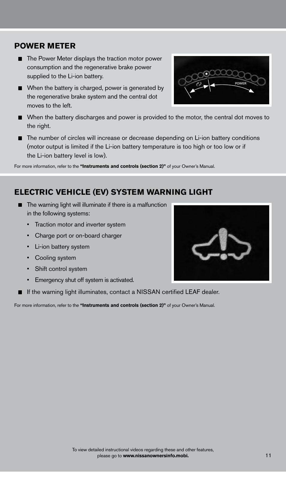 Power meter, Electric vehicle (ev) system warning light | NISSAN 2013 LEAF - Quick Reference Guide User Manual | Page 13 / 28