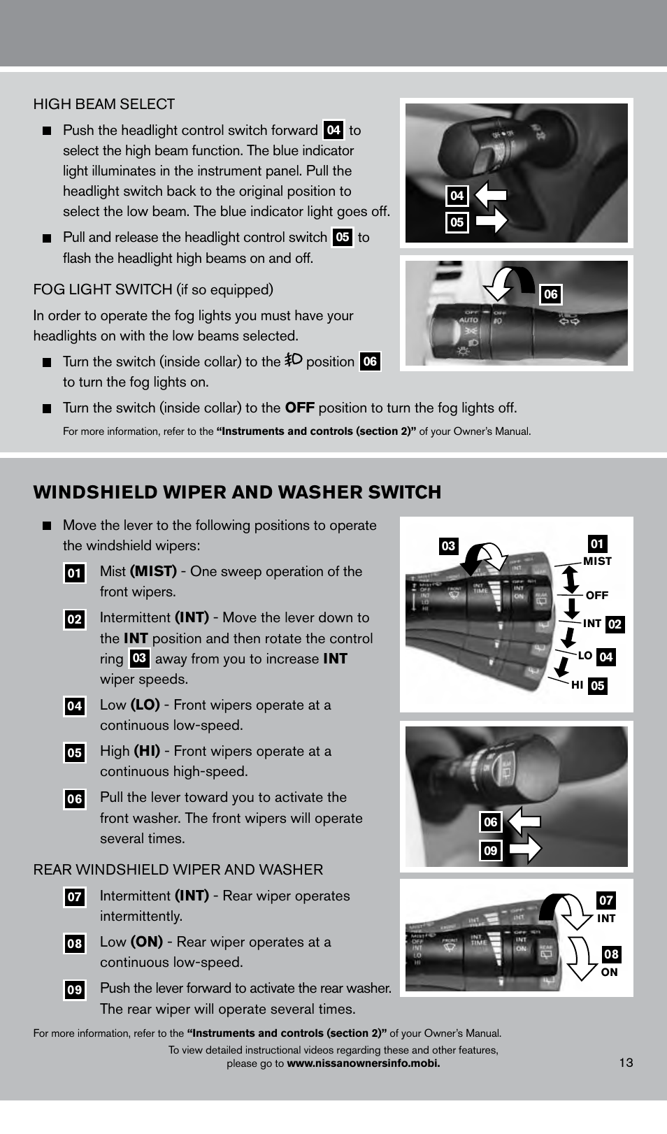 Windshield wiper and washer switch | NISSAN 2013 LEAF - Quick Reference Guide User Manual | Page 15 / 28