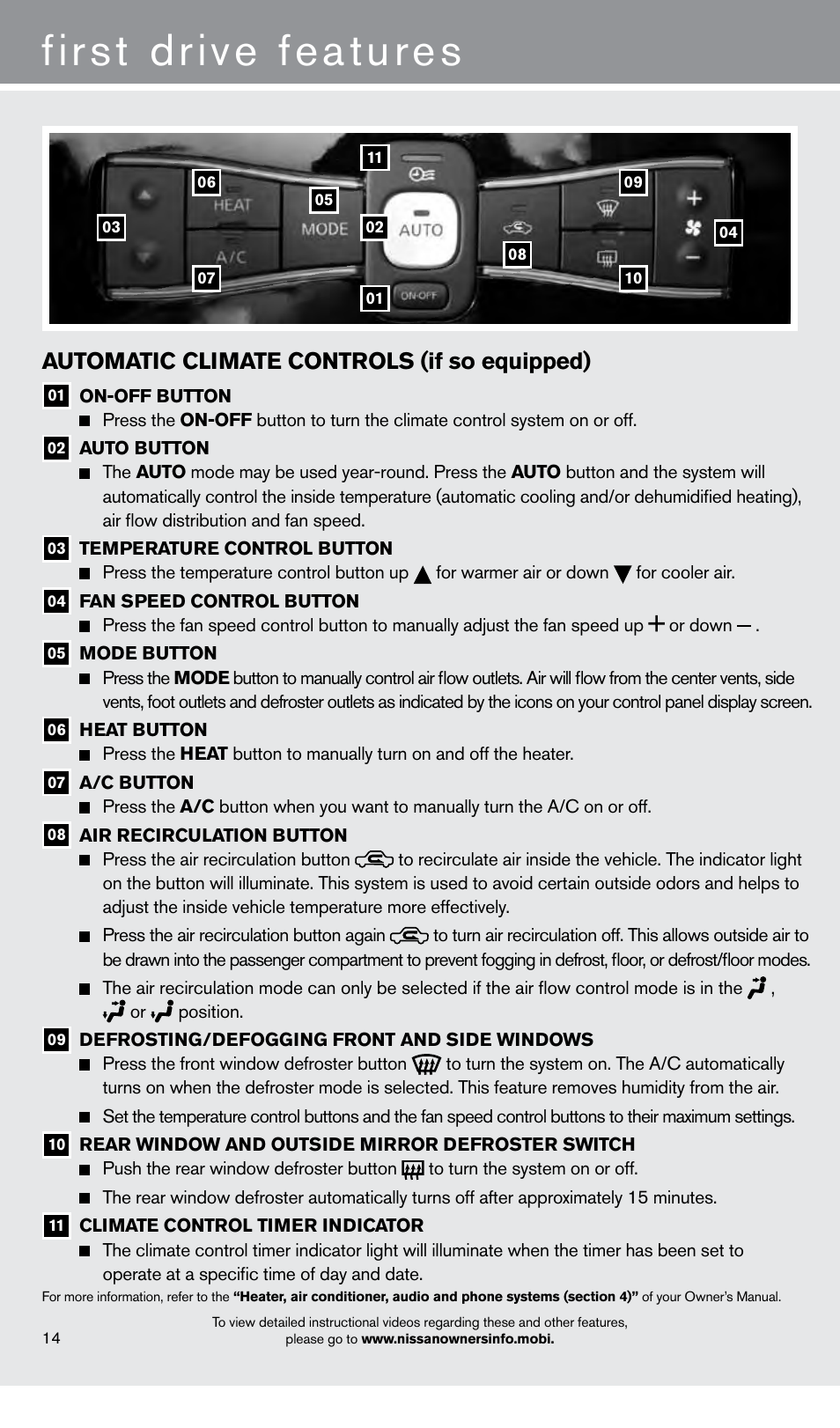 First drive features, Automatic climate controls (if so equipped) | NISSAN 2013 LEAF - Quick Reference Guide User Manual | Page 16 / 28