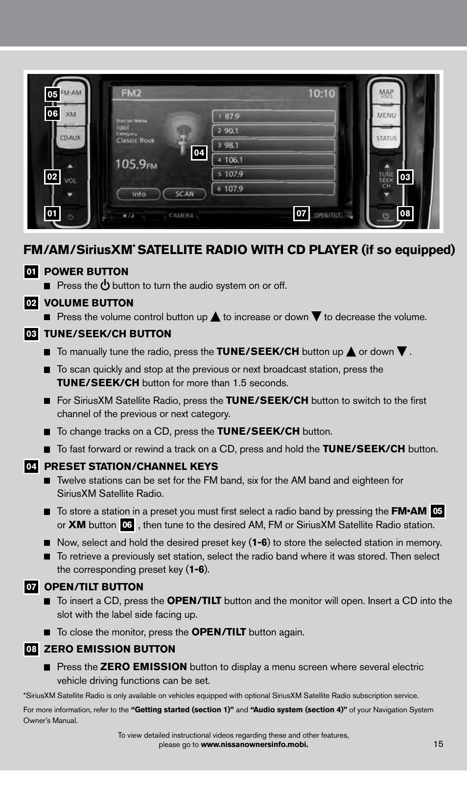 Fm/am/siriusxm, Satellite radio with cd player (if so equipped) | NISSAN 2013 LEAF - Quick Reference Guide User Manual | Page 17 / 28