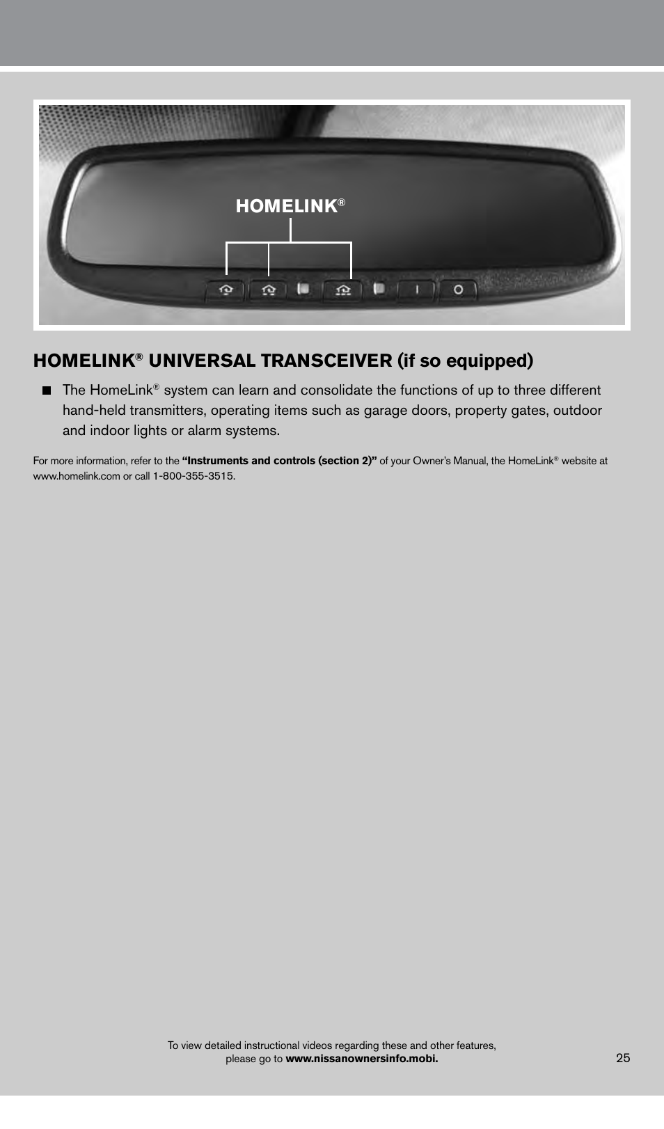 Homelink, Universal transceiver (if so equipped), The homelink | NISSAN 2013 LEAF - Quick Reference Guide User Manual | Page 27 / 28