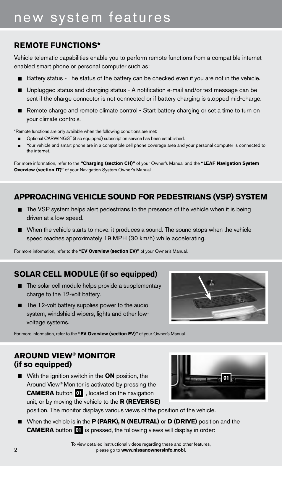 New system features, Around view, Monitor (if so equipped) | Remote functions, Solar cell module (if so equipped) | NISSAN 2013 LEAF - Quick Reference Guide User Manual | Page 4 / 28