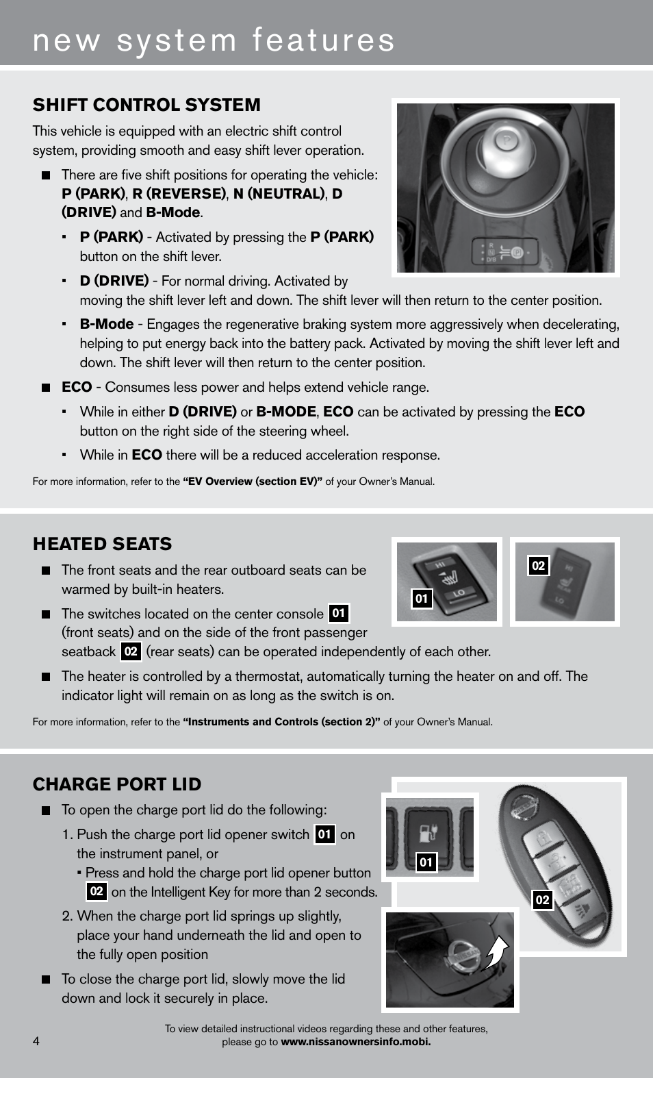 New system features, Charge port lid, Shift control system | Heated seats | NISSAN 2013 LEAF - Quick Reference Guide User Manual | Page 6 / 28