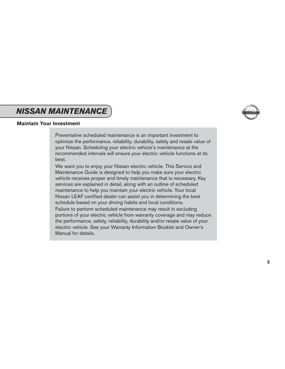 Nissan maintenance | NISSAN 2013 LEAF - Service & Maintenance Guide User Manual | Page 4 / 40