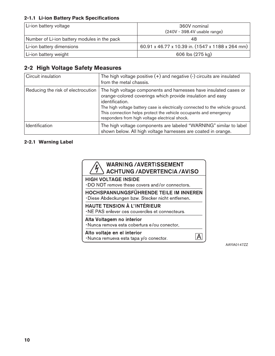 1.1 li-ion battery pack specifications, 2 high voltage safety measures, 2.1 warning label | 1.1. li-ion battery pack specifications, 2.1. warning label | NISSAN 2013 LEAF - First Responder's Guide User Manual | Page 10 / 39