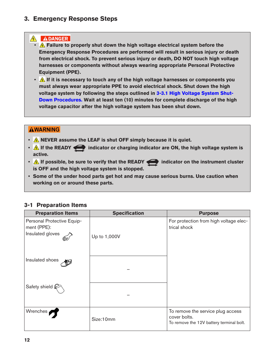 Emergency response steps, 1 preparation items | NISSAN 2013 LEAF - First Responder's Guide User Manual | Page 12 / 39