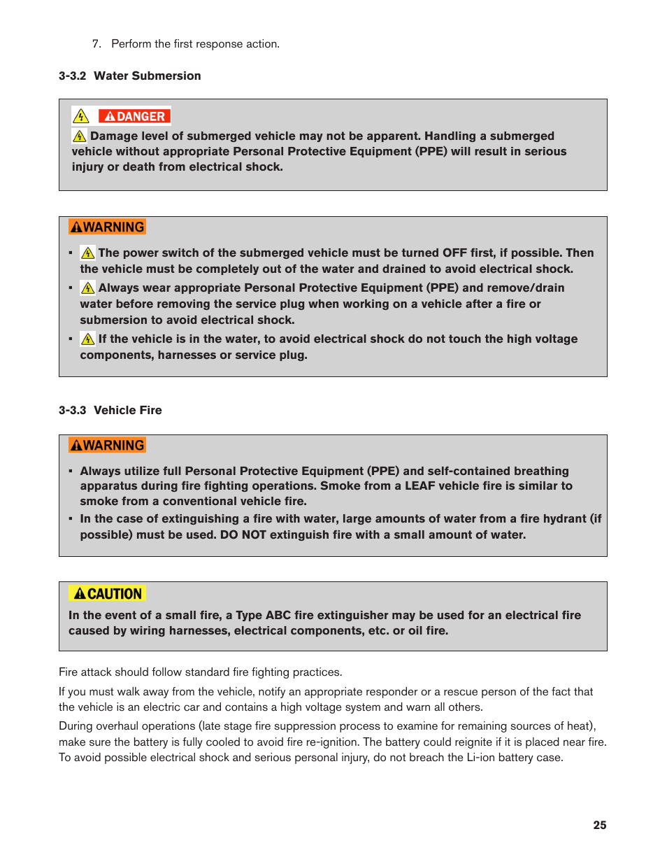 3.2 water submersion, 3.3 vehicle fire, 3.2. water submersion | 3.3. vehicle fire | NISSAN 2013 LEAF - First Responder's Guide User Manual | Page 25 / 39