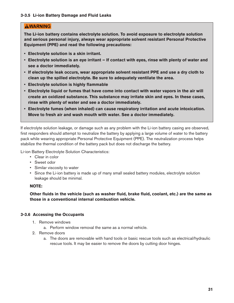 3.5 li-ion battery damage and fluid leaks, 3.6 accessing the occupants, 3.5. li-ion battery damage and fluid leaks | 3.6. accessing the occupants | NISSAN 2013 LEAF - First Responder's Guide User Manual | Page 31 / 39