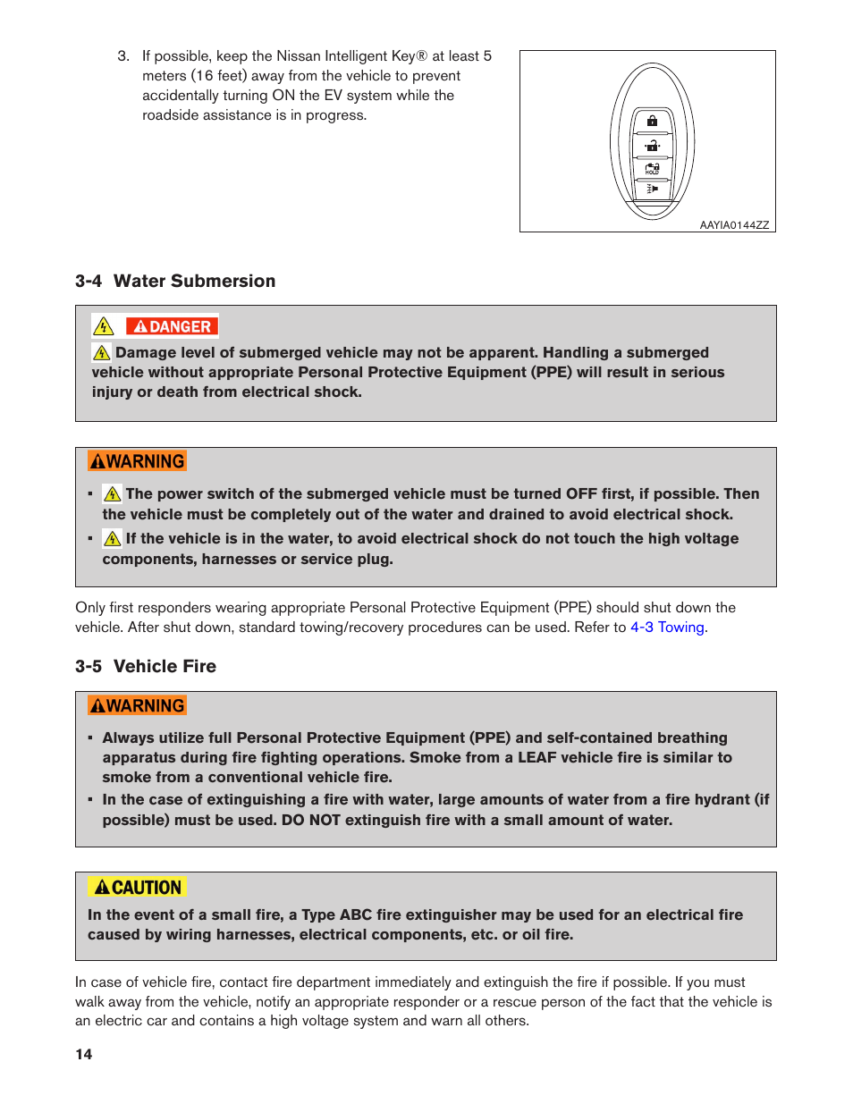 4 water submersion, 5 vehicle fire | NISSAN 2013 LEAF - Roadside Assistance Guide User Manual | Page 14 / 37