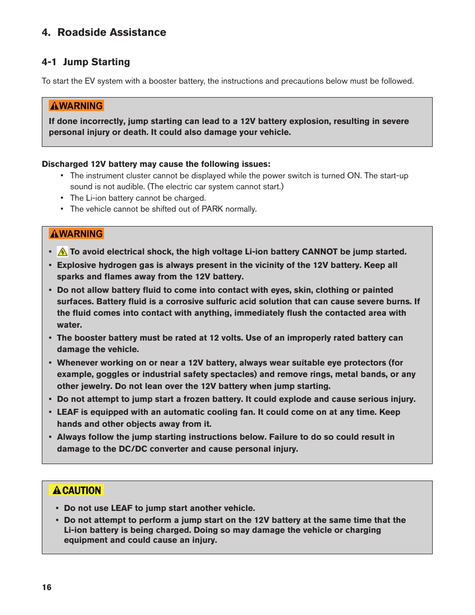 Roadside assistance, 1 jump starting | NISSAN 2013 LEAF - Roadside Assistance Guide User Manual | Page 16 / 37