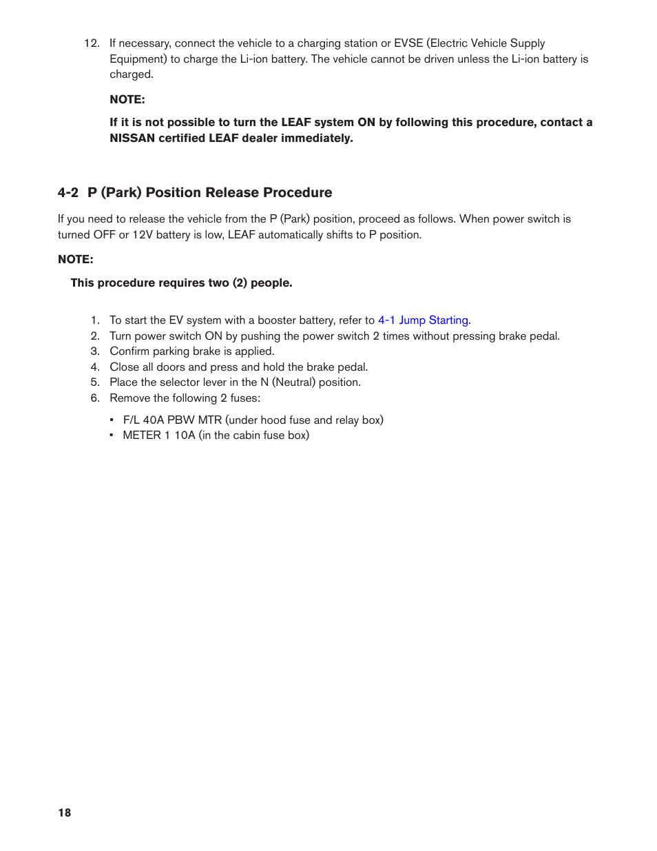 2 p (park) position release procedure | NISSAN 2013 LEAF - Roadside Assistance Guide User Manual | Page 18 / 37