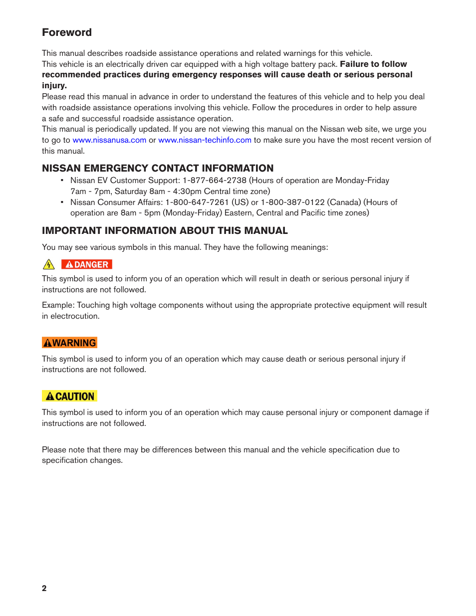 Foreword | NISSAN 2013 LEAF - Roadside Assistance Guide User Manual | Page 2 / 37