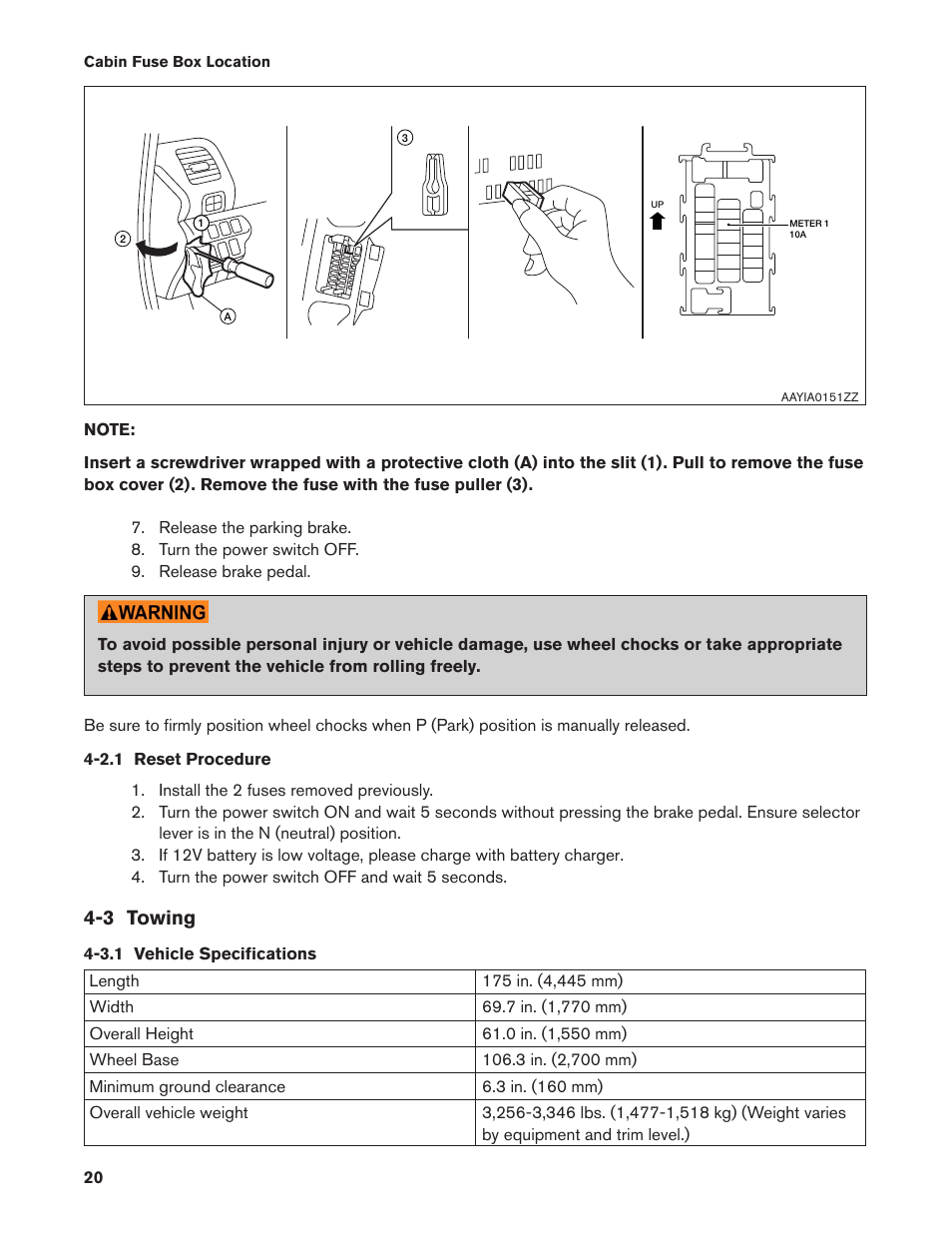 2.1 reset procedure, 3 towing, 3.1 vehicle specifications | 2.1. reset procedure, 3.1. vehicle specifications | NISSAN 2013 LEAF - Roadside Assistance Guide User Manual | Page 20 / 37