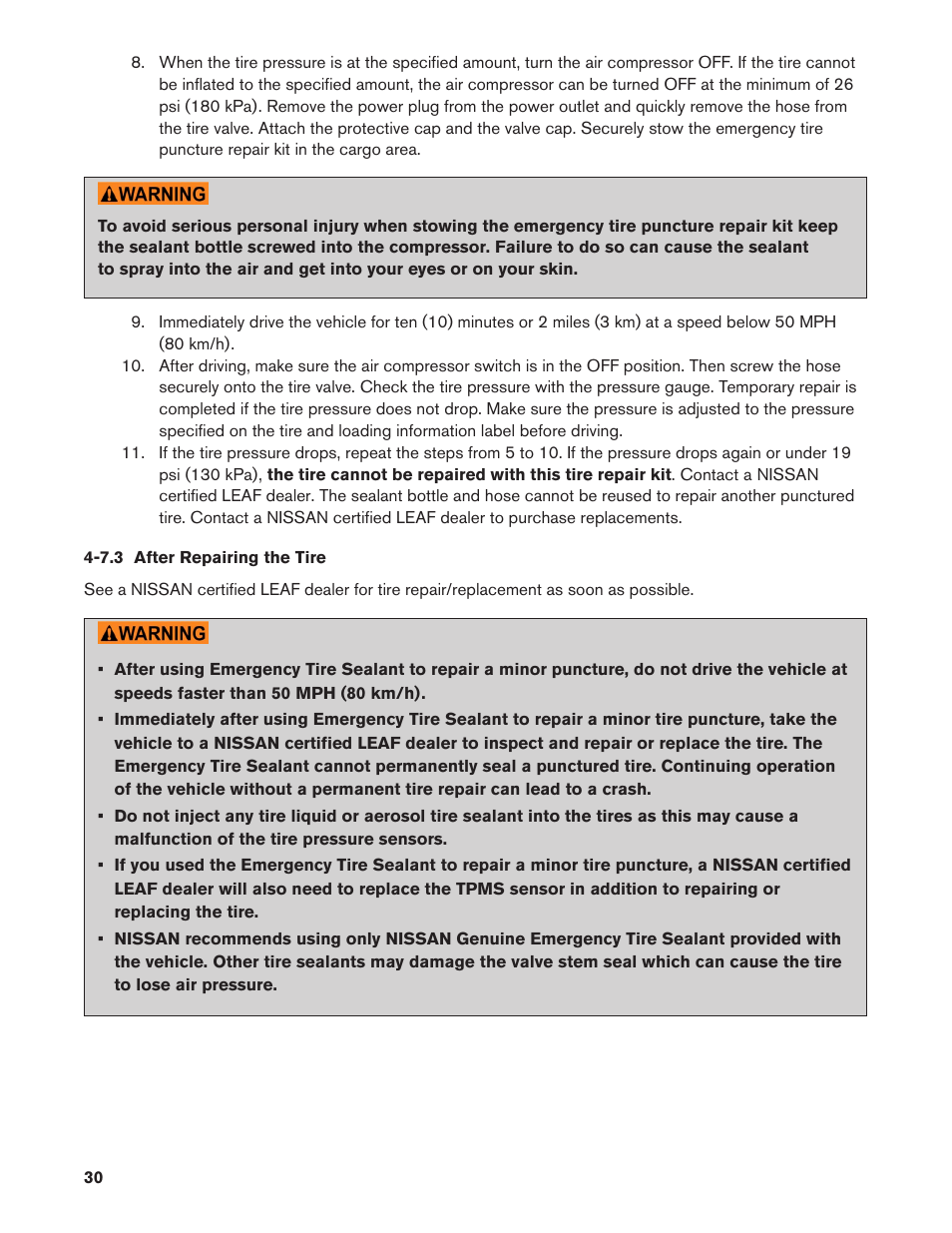 7.3 after repairing the tire, 7.3. after repairing the tire | NISSAN 2013 LEAF - Roadside Assistance Guide User Manual | Page 30 / 37