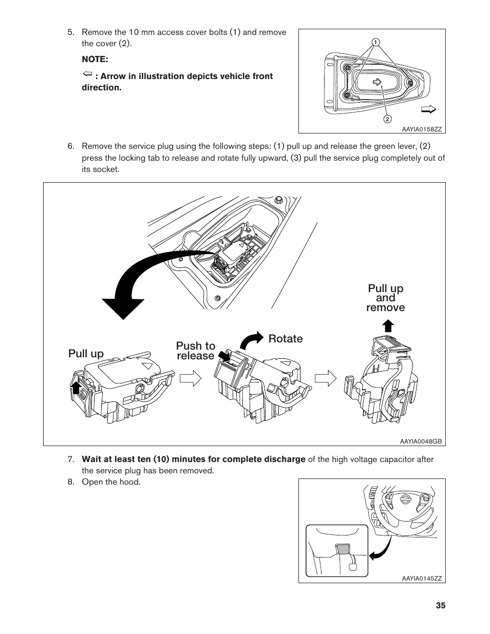 Pull up rotate push to release pull up and remove | NISSAN 2013 LEAF - Roadside Assistance Guide User Manual | Page 35 / 37