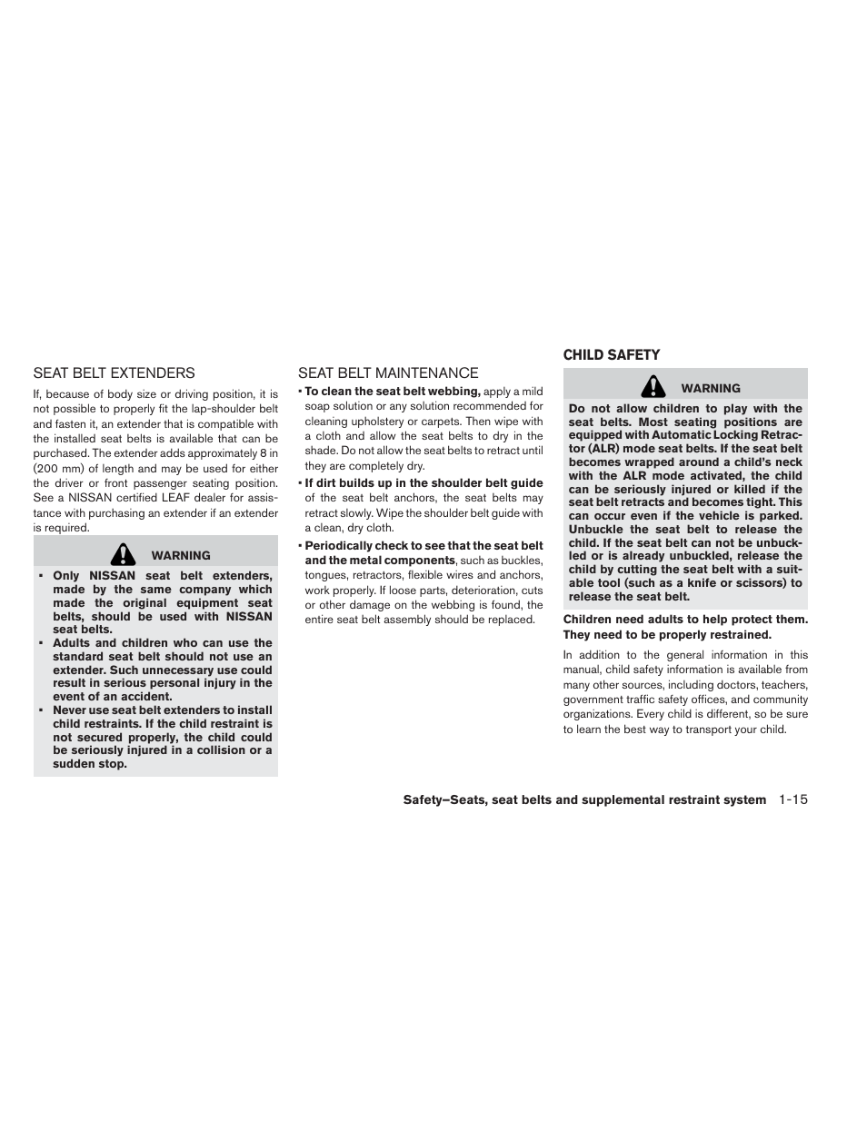 Seat belt extenders -15 seat belt maintenance -15, Child safety -15 | NISSAN 2014 LEAF - Owner's Manual User Manual | Page 100 / 396