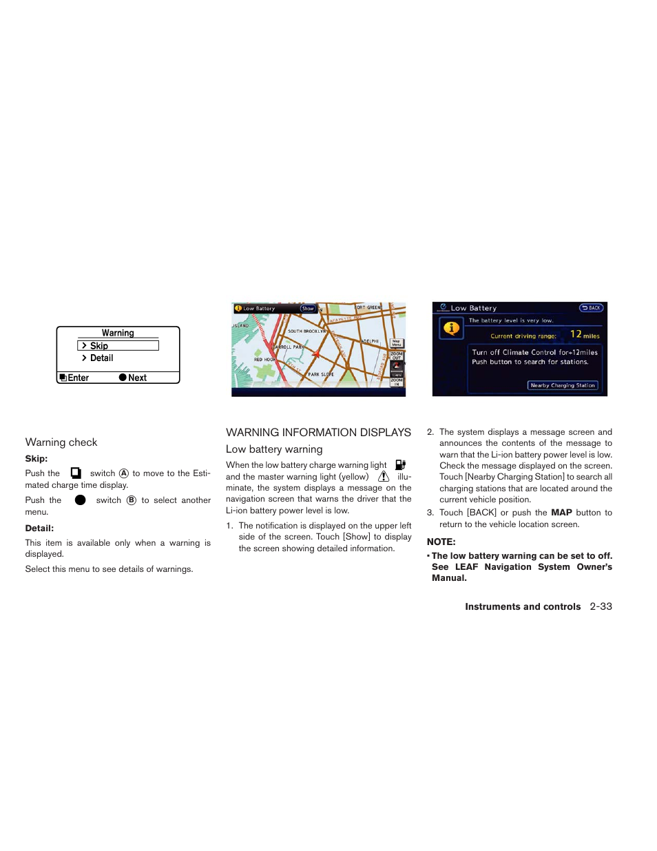 Warning information displays -33 | NISSAN 2014 LEAF - Owner's Manual User Manual | Page 168 / 396