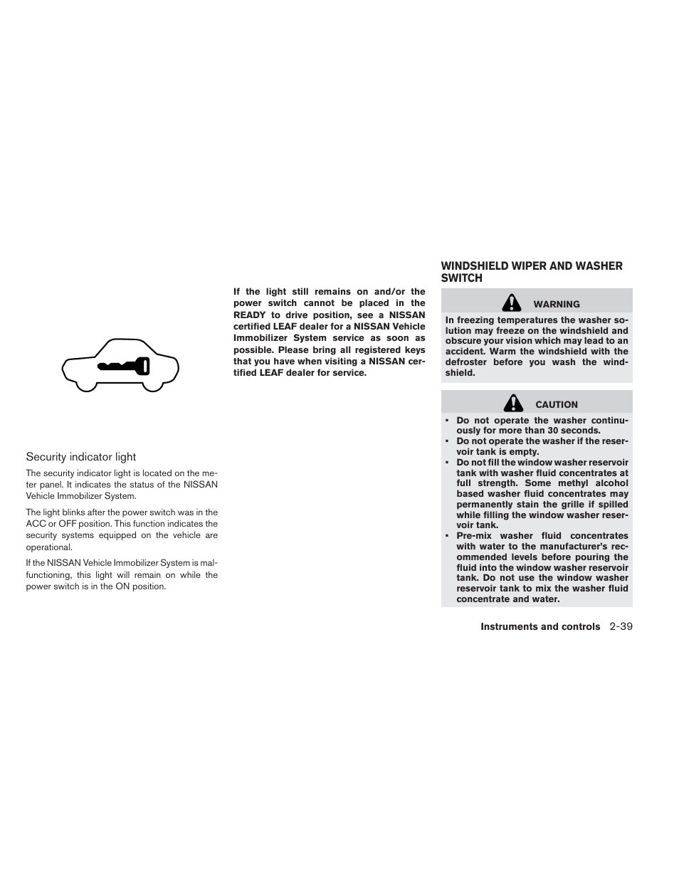 Windshield wiper and washer switch -39 | NISSAN 2014 LEAF - Owner's Manual User Manual | Page 174 / 396