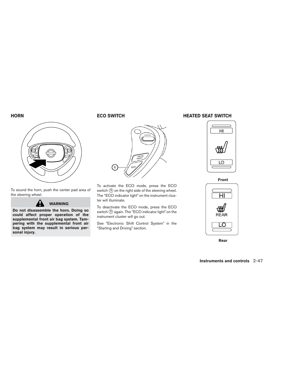 Horn -47 eco switch -47 heated seat switch -47 | NISSAN 2014 LEAF - Owner's Manual User Manual | Page 182 / 396