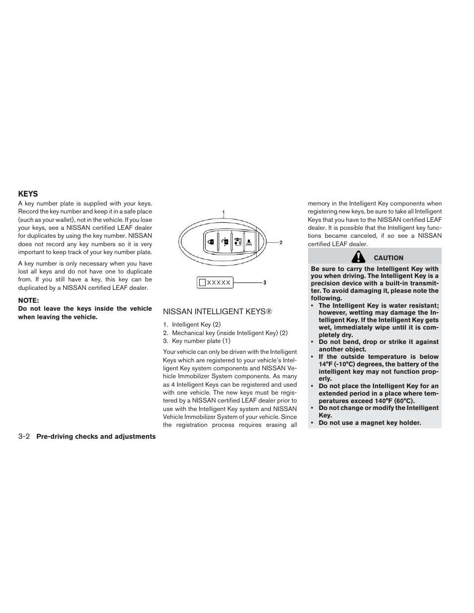 Keys -2, Nissan intelligent keys® -2 | NISSAN 2014 LEAF - Owner's Manual User Manual | Page 201 / 396