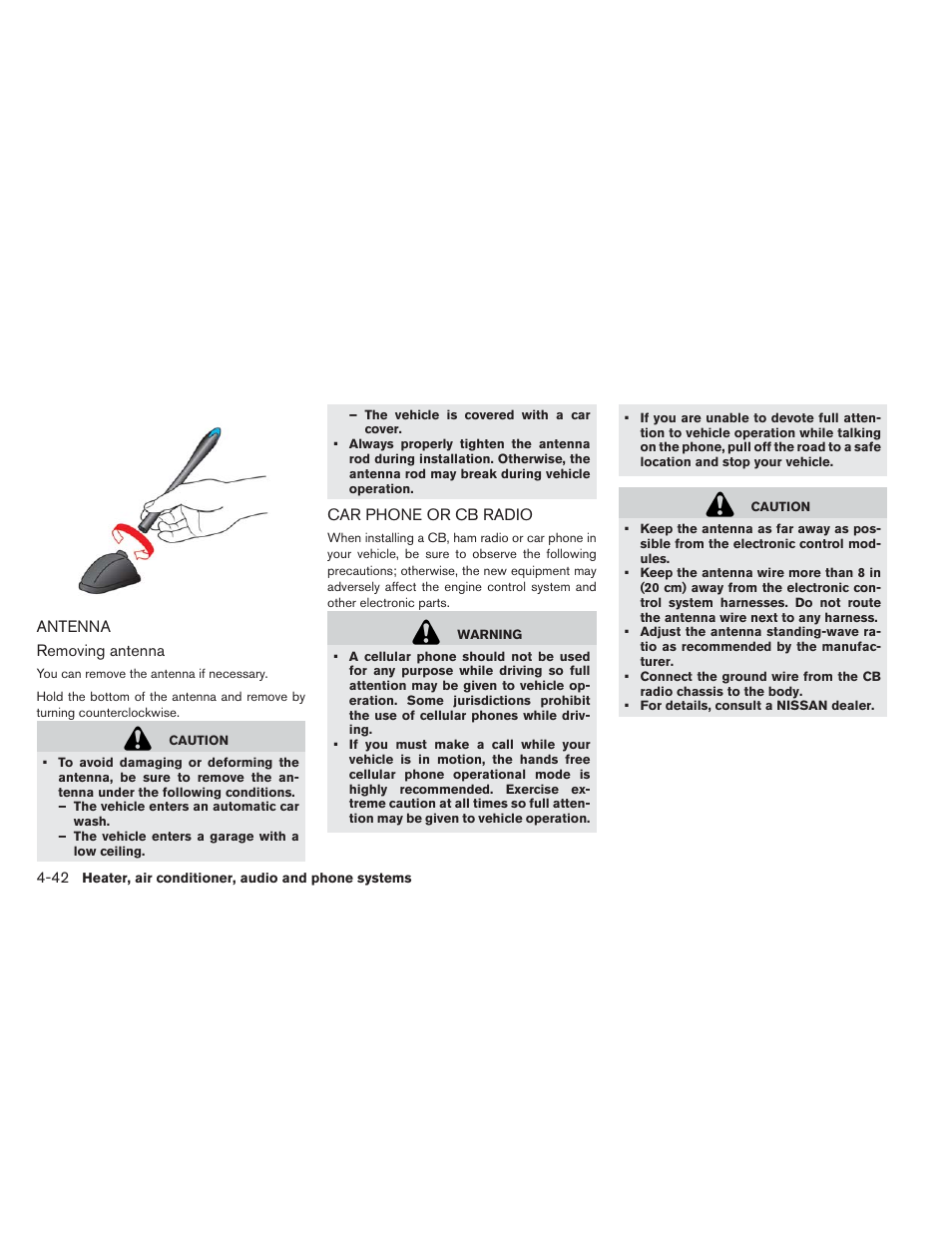 Antenna -42 car phone or cb radio -42 | NISSAN 2014 LEAF - Owner's Manual User Manual | Page 265 / 396