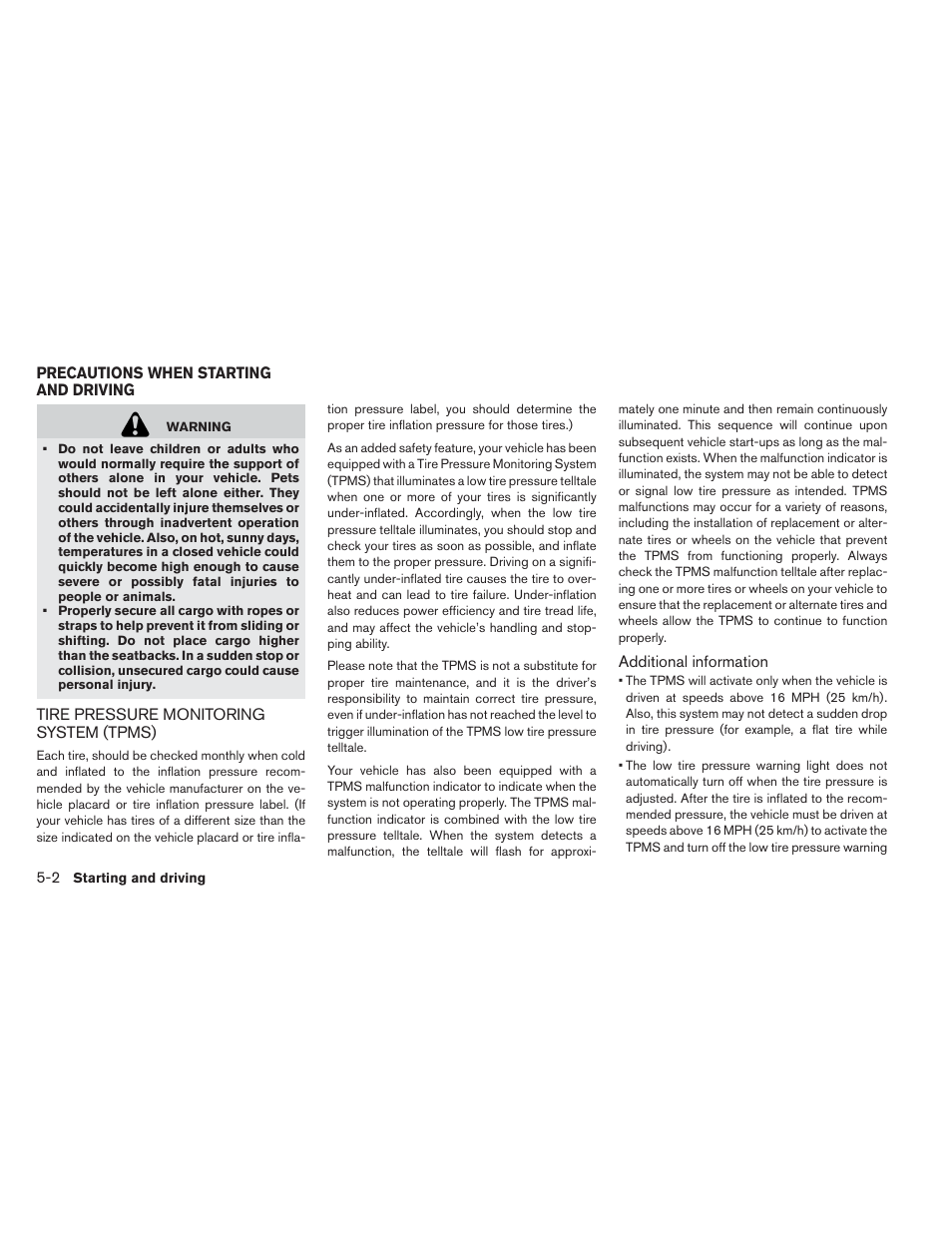 Precautions when starting and driving -2, Tire pressure monitoring system (tpms) -2 | NISSAN 2014 LEAF - Owner's Manual User Manual | Page 281 / 396