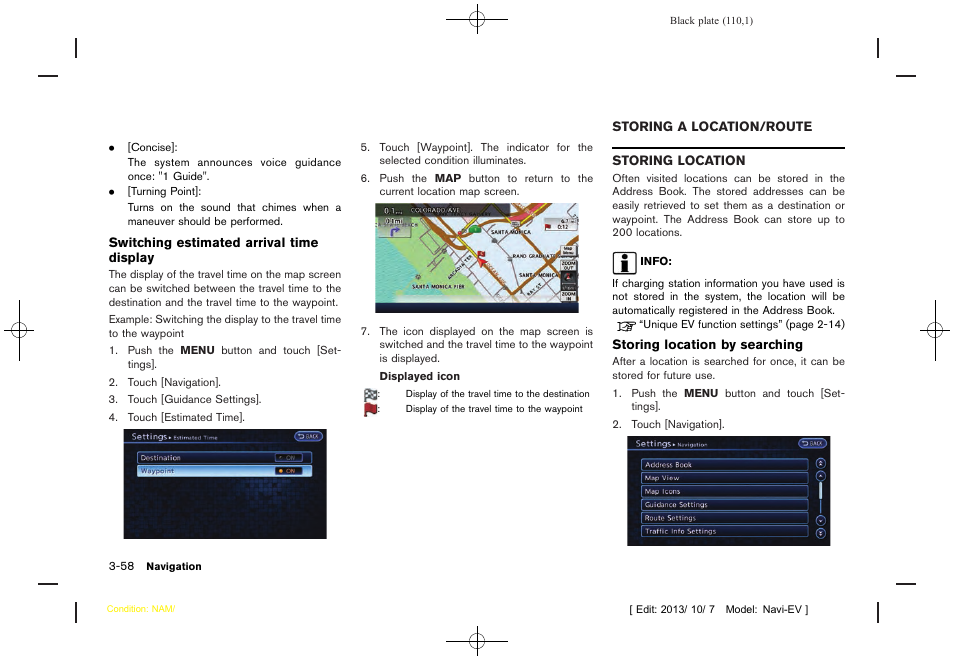 Storing a location/route -58, Storing location -58 | NISSAN 2014 LEAF - Navigation System Owner's Manual User Manual | Page 114 / 286