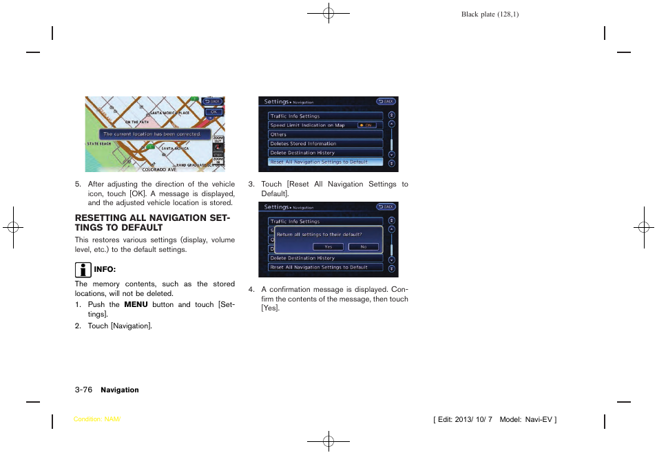 Resetting all navigation settings to default -76 | NISSAN 2014 LEAF - Navigation System Owner's Manual User Manual | Page 132 / 286