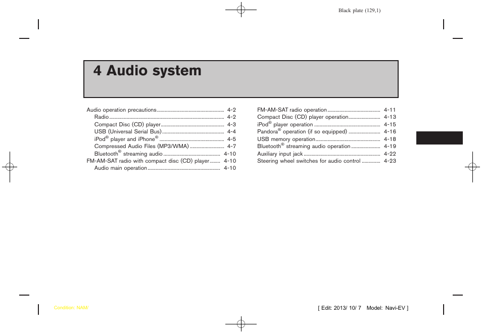 Audio system, 4 audio system | NISSAN 2014 LEAF - Navigation System Owner's Manual User Manual | Page 133 / 286