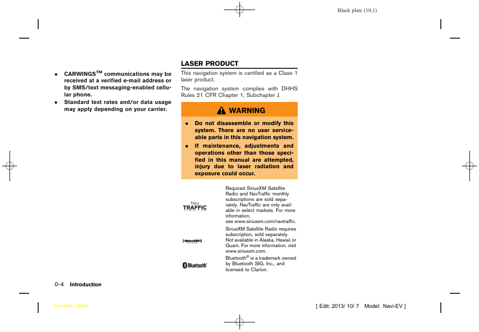 Laser product -4, Warning | NISSAN 2014 LEAF - Navigation System Owner's Manual User Manual | Page 14 / 286