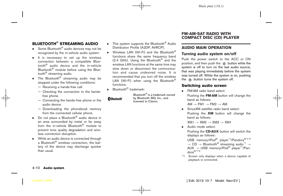 Bluetooth, Streaming audio -10, Fm-am-sat radio with compact disc (cd) player -10 | Audio main operation -10 | NISSAN 2014 LEAF - Navigation System Owner's Manual User Manual | Page 142 / 286