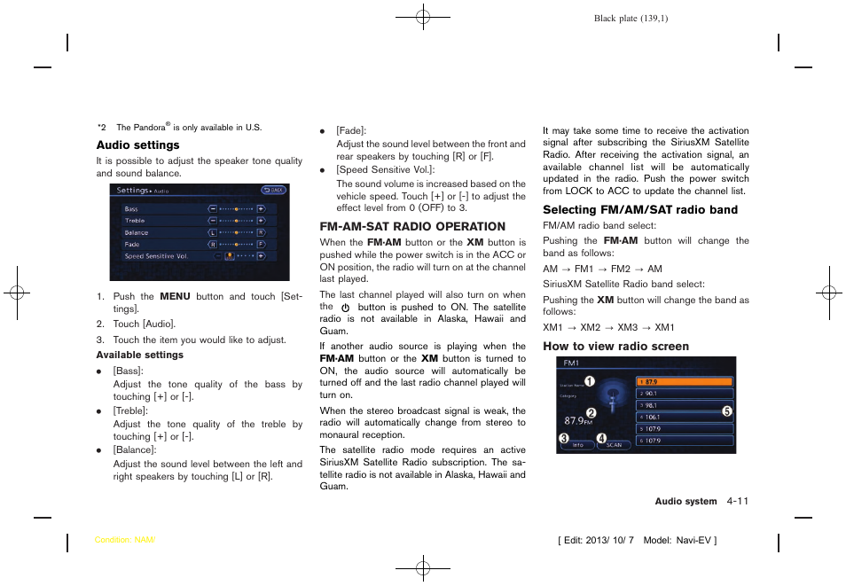Fm-am-sat radio operation -11 | NISSAN 2014 LEAF - Navigation System Owner's Manual User Manual | Page 143 / 286