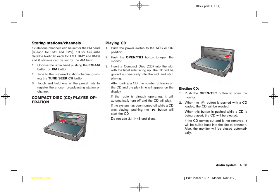 Compact disc (cd) player operation -13 | NISSAN 2014 LEAF - Navigation System Owner's Manual User Manual | Page 145 / 286