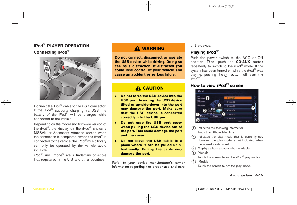 Ipod, Player operation -15, Warning | Caution | NISSAN 2014 LEAF - Navigation System Owner's Manual User Manual | Page 147 / 286