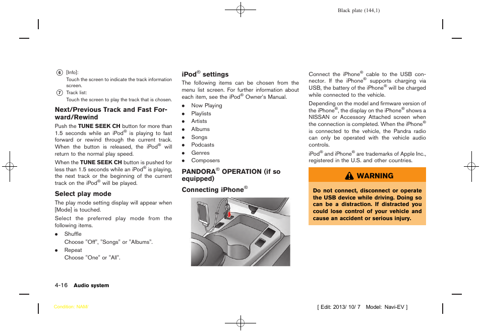 Pandora, Operation (if so equipped) -16, Warning | NISSAN 2014 LEAF - Navigation System Owner's Manual User Manual | Page 148 / 286