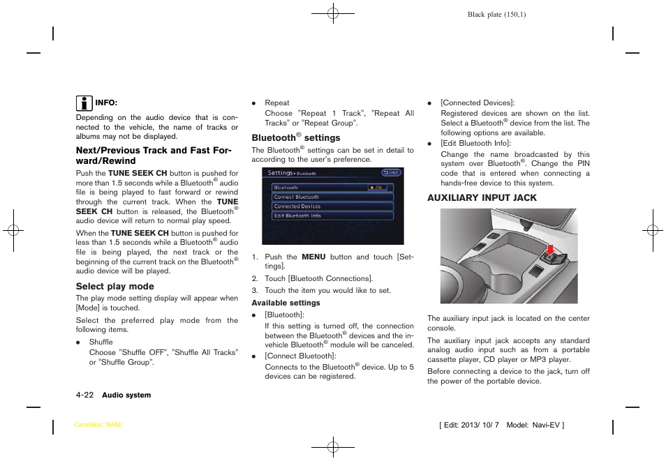 Auxiliary input jack -22 | NISSAN 2014 LEAF - Navigation System Owner's Manual User Manual | Page 154 / 286