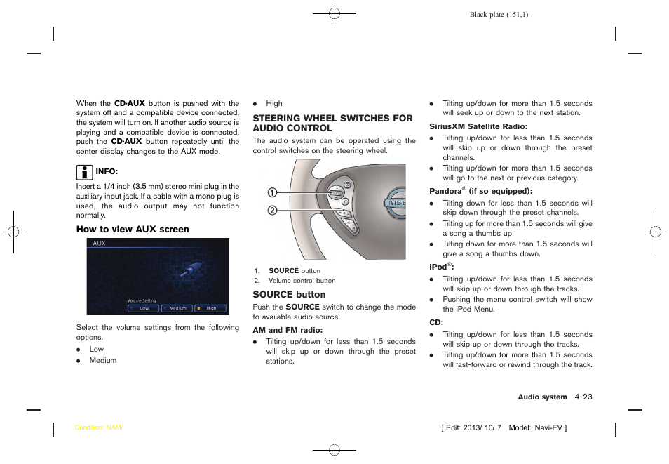 Steering wheel switches for audio control -23 | NISSAN 2014 LEAF - Navigation System Owner's Manual User Manual | Page 155 / 286