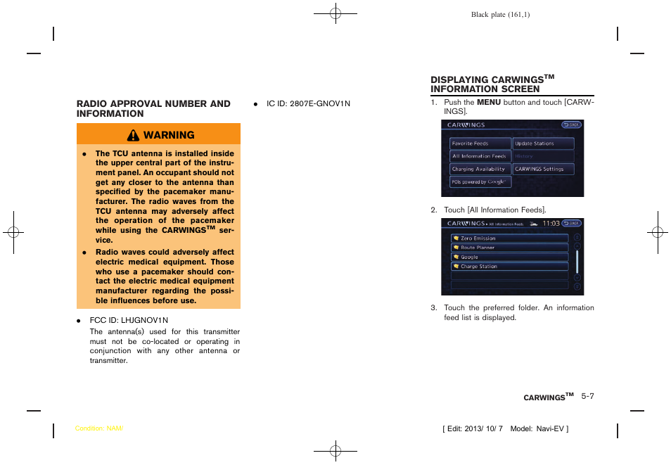 Radio approval number and information -7, Displaying carwings, Information screen -7 | NISSAN 2014 LEAF - Navigation System Owner's Manual User Manual | Page 165 / 286