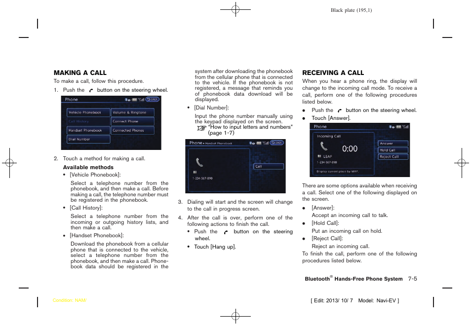 Making a call -5, Receiving a call -5 | NISSAN 2014 LEAF - Navigation System Owner's Manual User Manual | Page 199 / 286