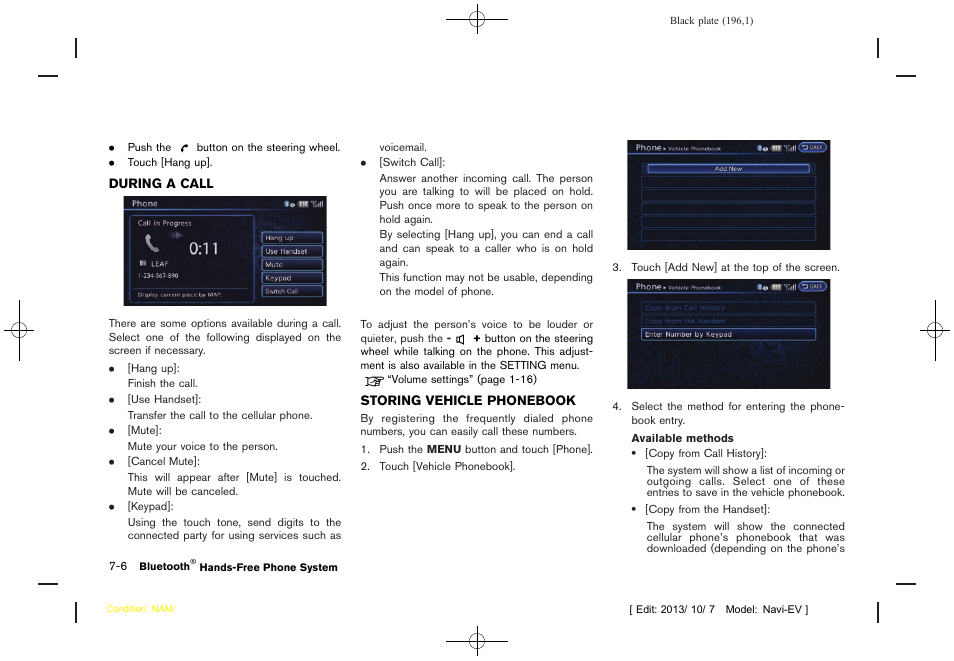 During a call -6 storing vehicle phonebook -6 | NISSAN 2014 LEAF - Navigation System Owner's Manual User Manual | Page 200 / 286