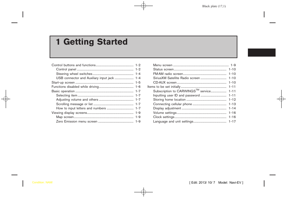 Getting started, 1 getting started | NISSAN 2014 LEAF - Navigation System Owner's Manual User Manual | Page 21 / 286
