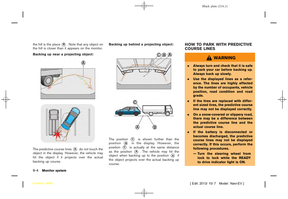 How to park with predictive course lines -4 | NISSAN 2014 LEAF - Navigation System Owner's Manual User Manual | Page 220 / 286