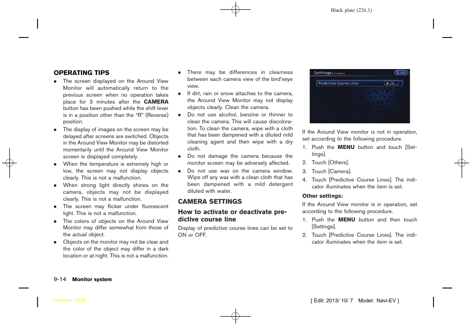 Operating tips -14 camera settings -14 | NISSAN 2014 LEAF - Navigation System Owner's Manual User Manual | Page 230 / 286