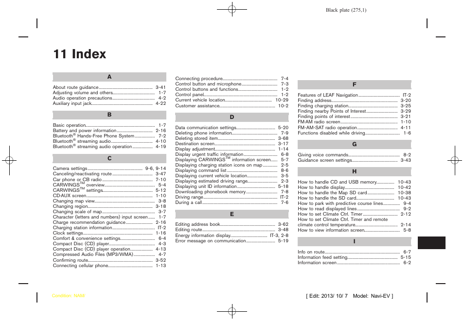 Index, 11 index | NISSAN 2014 LEAF - Navigation System Owner's Manual User Manual | Page 279 / 286