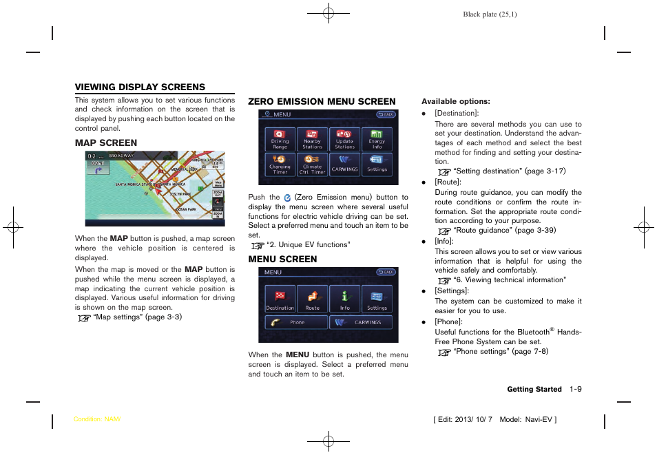 Viewing display screens -9, Map screen -9 zero emission menu screen -9, Menu screen -9 | NISSAN 2014 LEAF - Navigation System Owner's Manual User Manual | Page 29 / 286