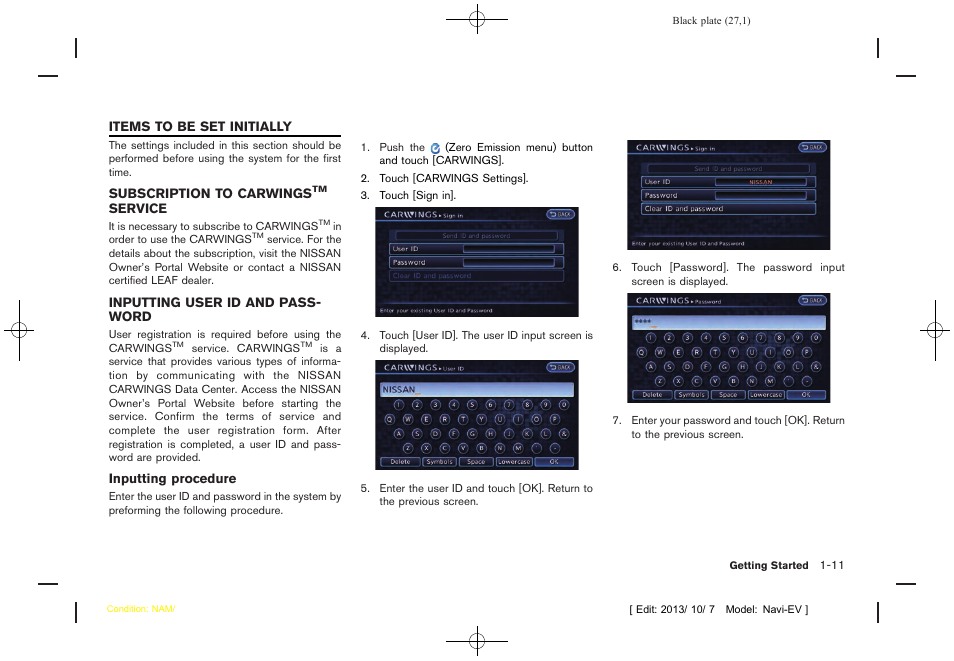 Items to be set initially -11, Subscription to carwings, Service -11 | Inputting user id and password -11 | NISSAN 2014 LEAF - Navigation System Owner's Manual User Manual | Page 31 / 286