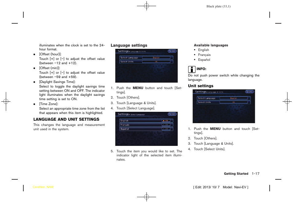 Language and unit settings -17 | NISSAN 2014 LEAF - Navigation System Owner's Manual User Manual | Page 37 / 286