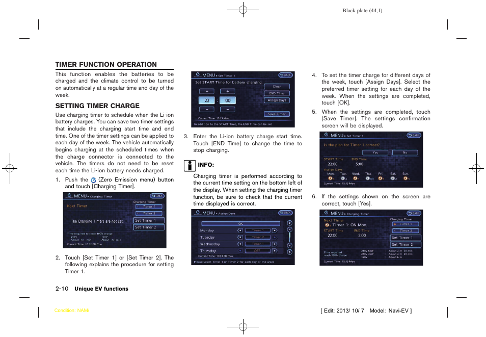 Timer function operation -10, Setting timer charge -10 | NISSAN 2014 LEAF - Navigation System Owner's Manual User Manual | Page 48 / 286