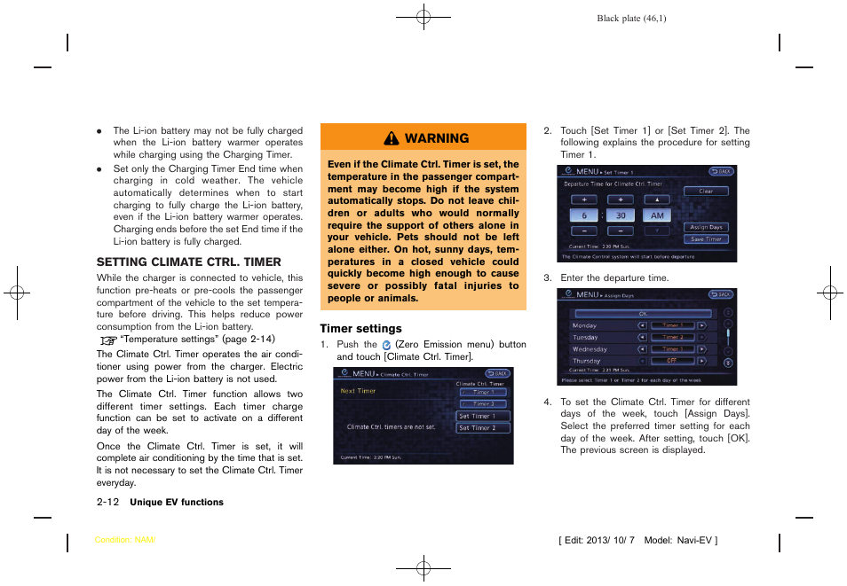 Setting climate ctrl. timer -12 | NISSAN 2014 LEAF - Navigation System Owner's Manual User Manual | Page 50 / 286